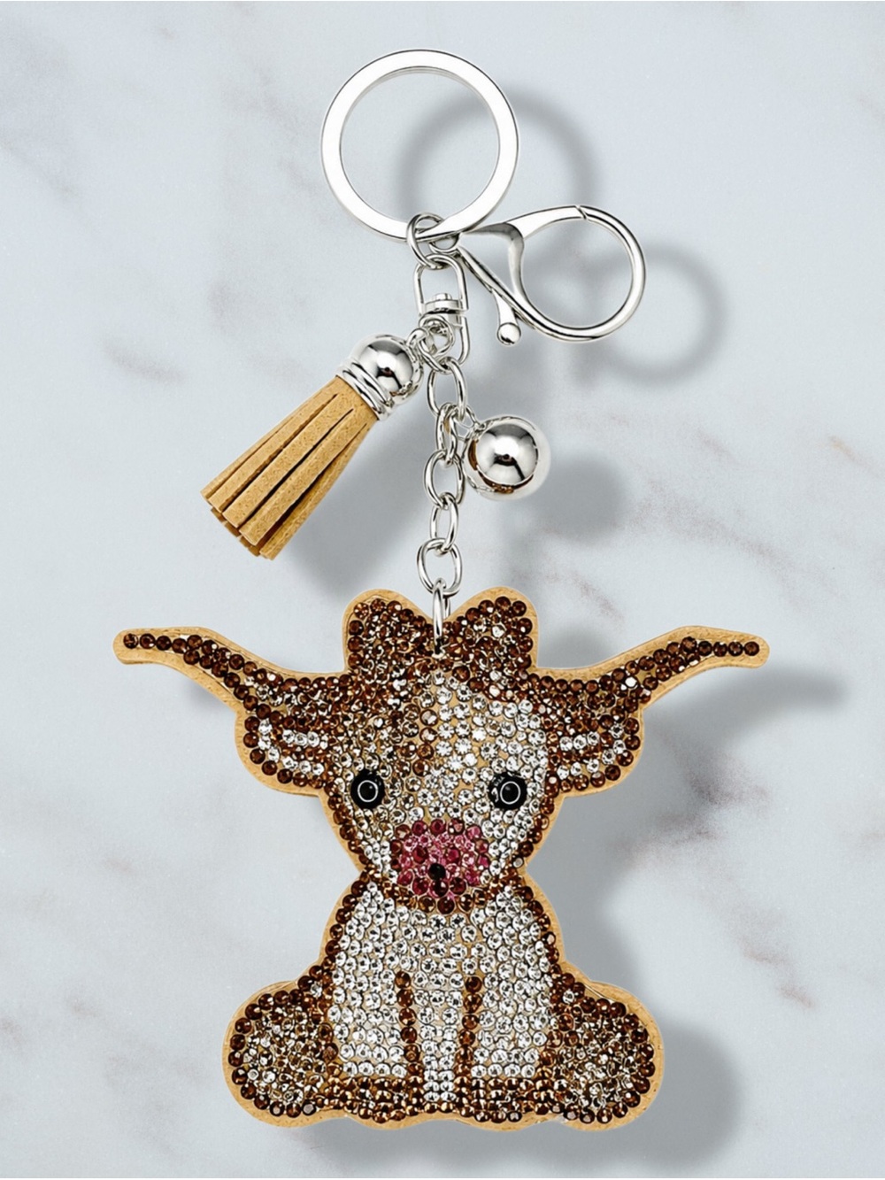 Crystal Cow Charm Key and Card Holder - Brown